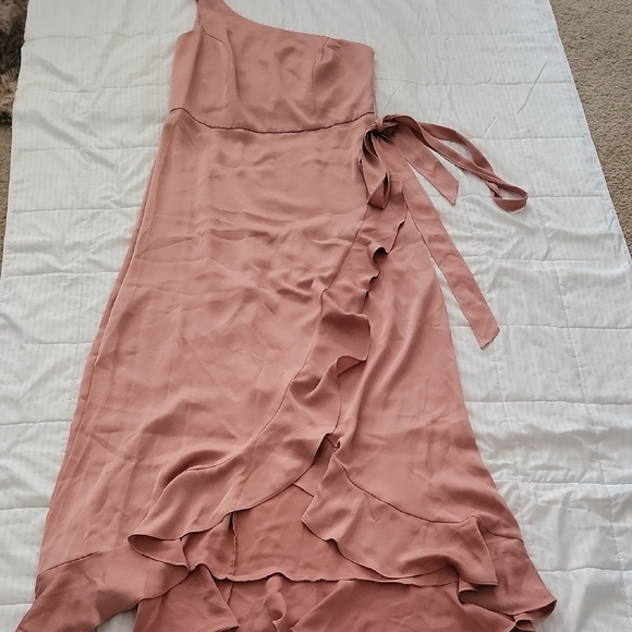 David's Bridal Dresses & Skirts - David's Bridal One-Shoulder Ruffle Wrap Maxi Dress in Dusty Rose